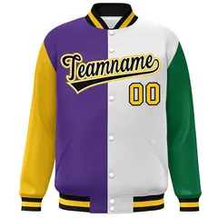 Gold Purple White-Kelly Green Color Block Varsity Bomber Jacket 3