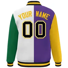 Gold Purple White-Kelly Green Color Block Varsity Bomber Jacket 4