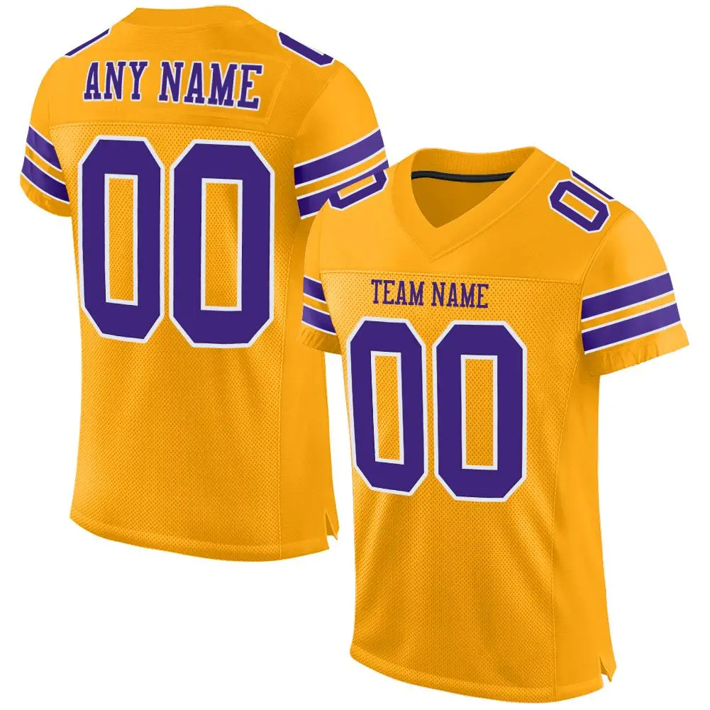 Gold Purple-White Mesh Football Jersey
