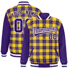 Gold Purple-White Plaid Varsity Letterman Baseball Jacket