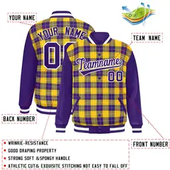Gold Purple-White Plaid Varsity Letterman Baseball Jacket 2