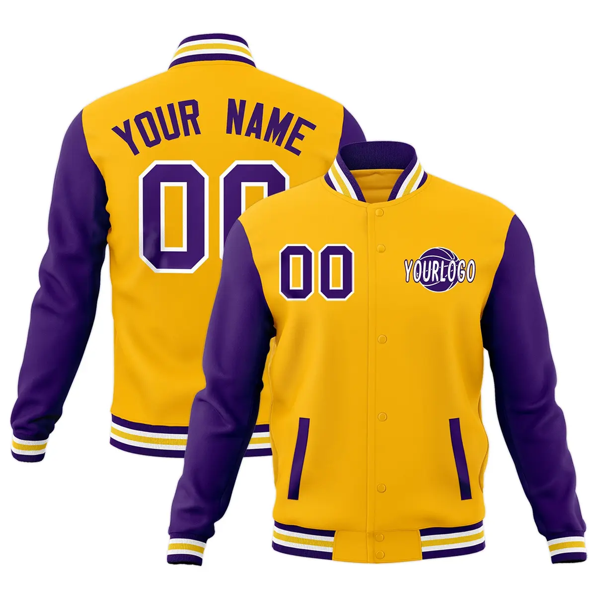 Gold Purple White Raglan Sleeve Cotton Letterman Jacket
