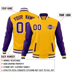 Gold Purple White Raglan Sleeve Cotton Letterman Jacket 2