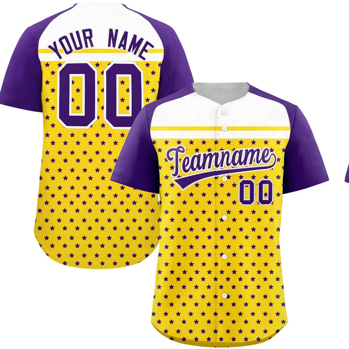 Gold Purple White Raglan Star Print Baseball Jersey