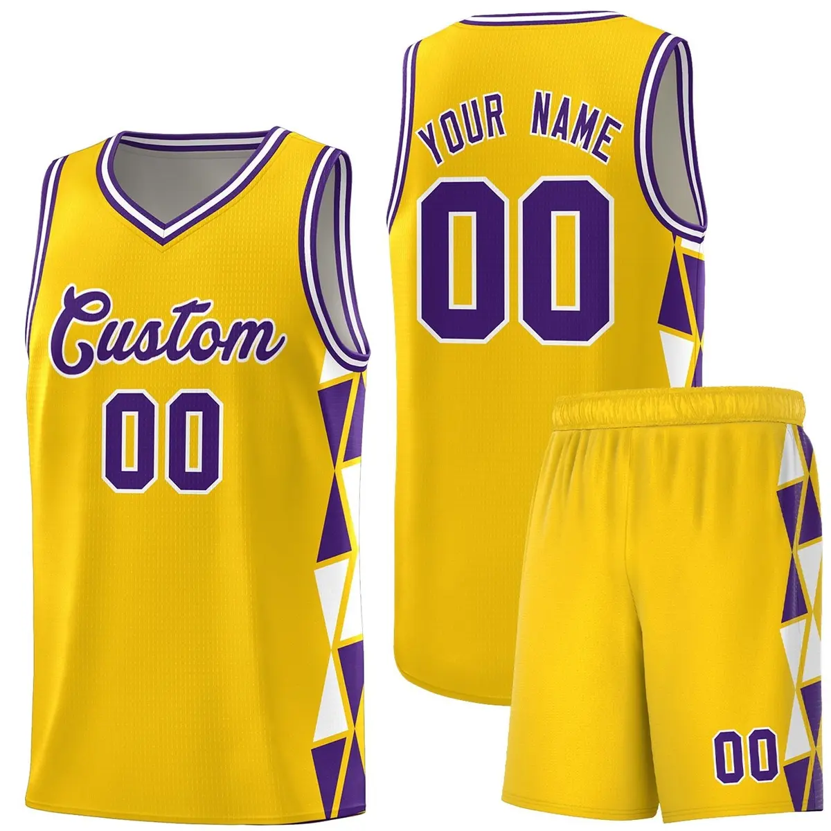 Gold Purple-White Side Triangle Splicing Basketball Jersey