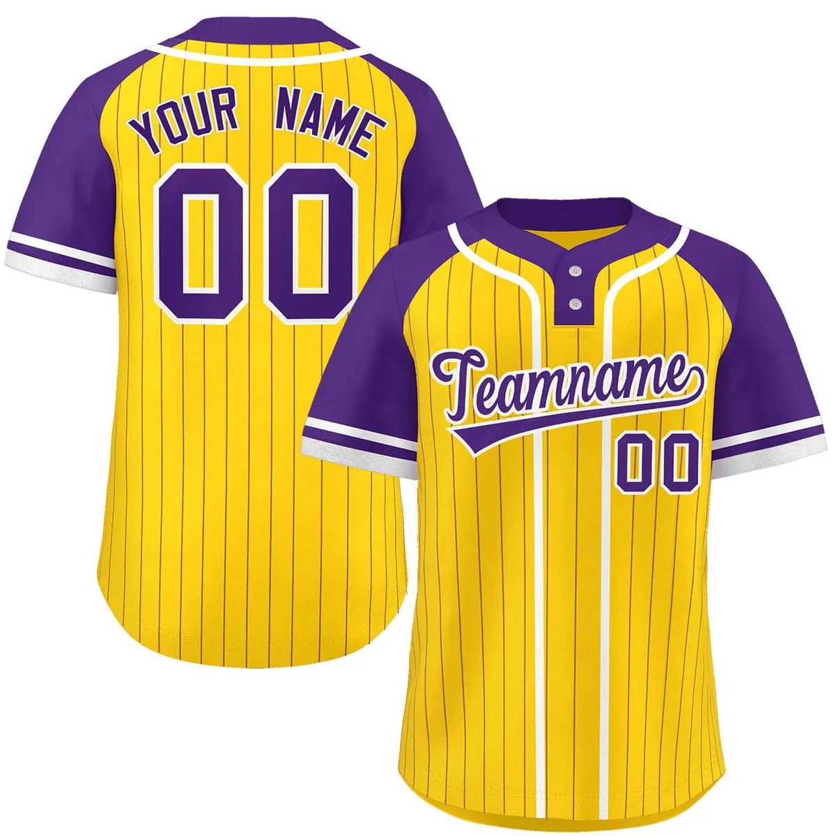 Gold Purple-White Stripe Raglan Two-Button Softball Jersey