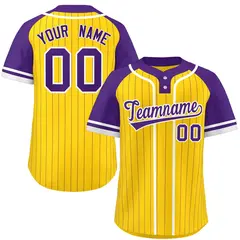 Gold Purple-White Stripe Raglan Two-Button Softball Jersey