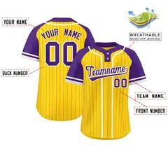 Gold Purple-White Stripe Raglan Two-Button Softball Jersey 2