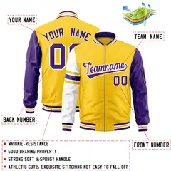 Gold Purple-White Stripe Varsity Letterman Bomber Jacket 2