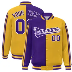 Gold Purple White Two Tone Color Block Varsity Bomber Jacket