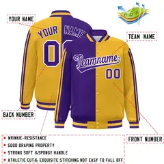 Gold Purple White Two Tone Color Block Varsity Bomber Jacket 2