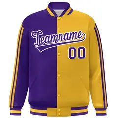 Gold Purple White Two Tone Color Block Varsity Bomber Jacket 3