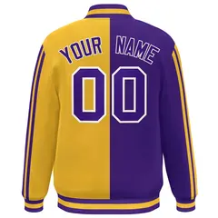 Gold Purple White Two Tone Color Block Varsity Bomber Jacket 4