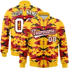 Gold Red-Black Camo Varsity Full-Zip Letterman Bomber Jacket