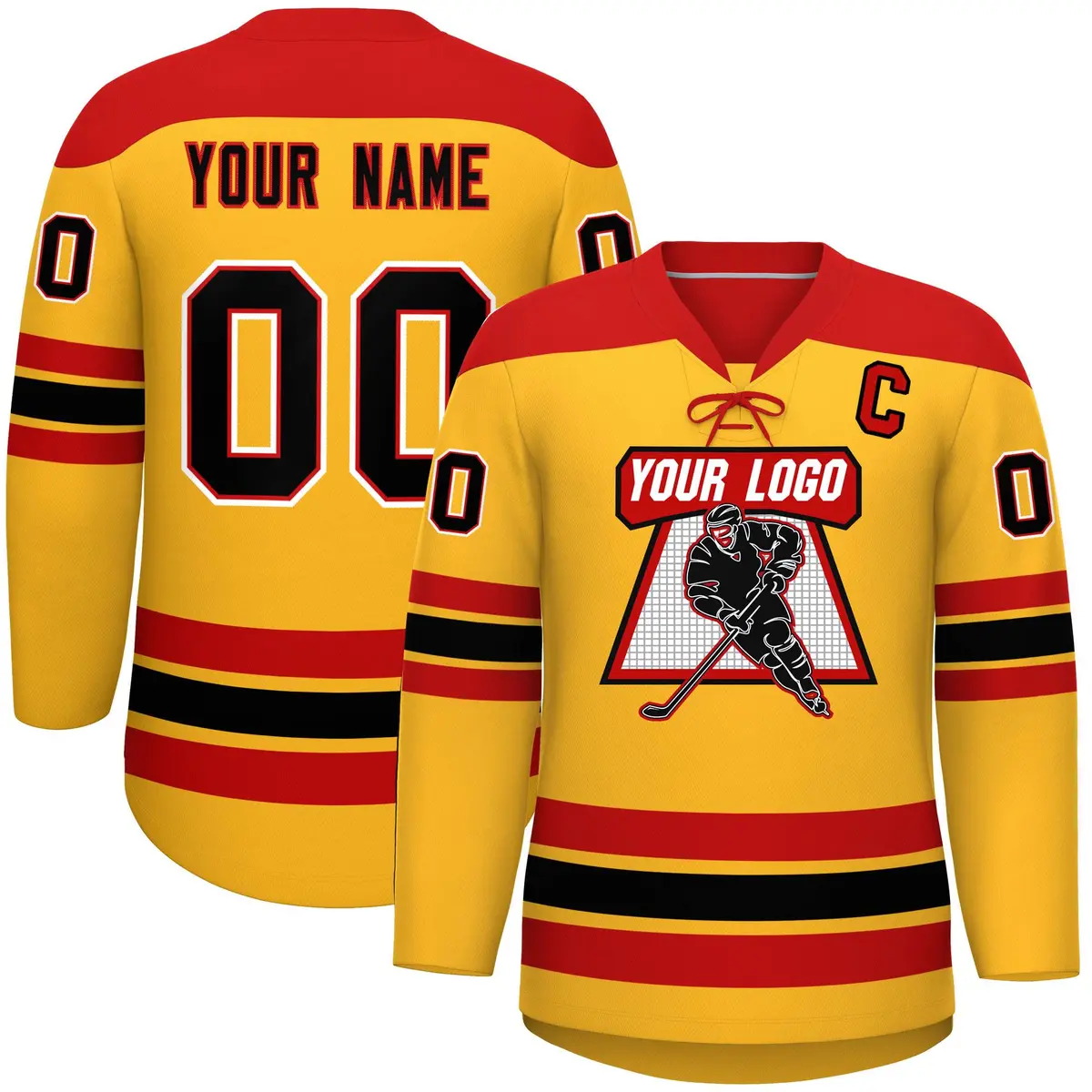 Gold Red Black Classic Lace-Up Neck Hockey Jersey