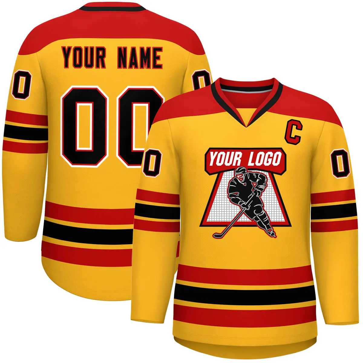 Gold Red-Black Classic V-Neck Hockey Jersey