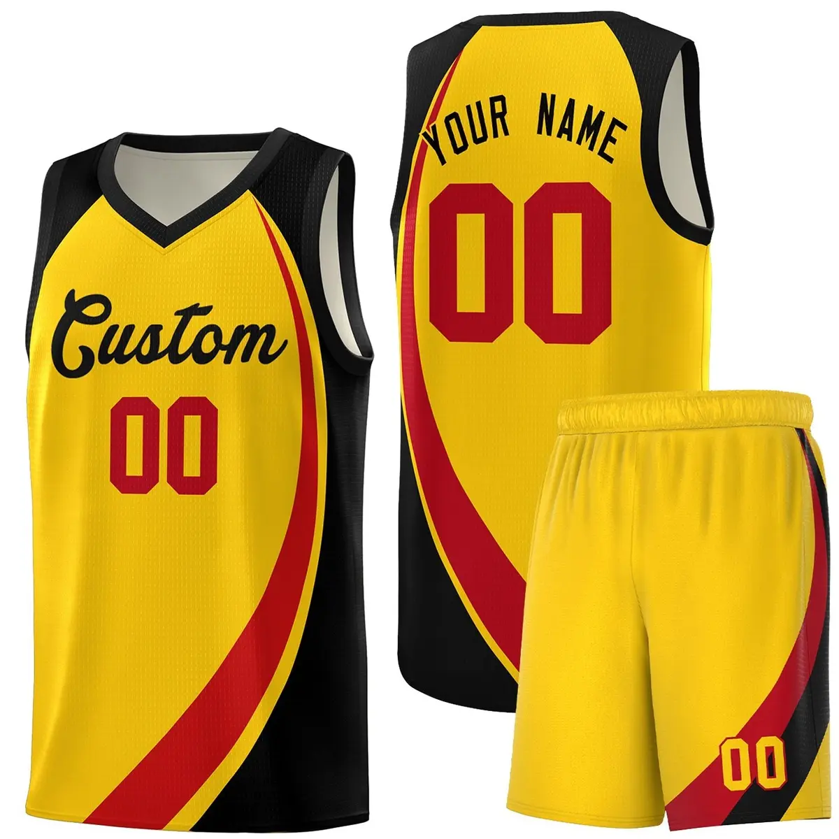 Gold Red-Black Color Block Sports Basketball Jersey