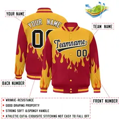 Gold Red-Black Flame Graffiti Varsity Full-Snap Bomber Jacket 2