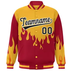 Gold Red-Black Flame Graffiti Varsity Full-Snap Bomber Jacket 3