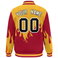 Gold Red-Black Flame Graffiti Varsity Full-Snap Bomber Jacket 4