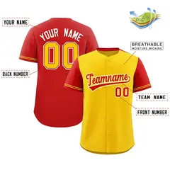 Gold Red Color Block Raglan Sleeves Baseball Jersey 2