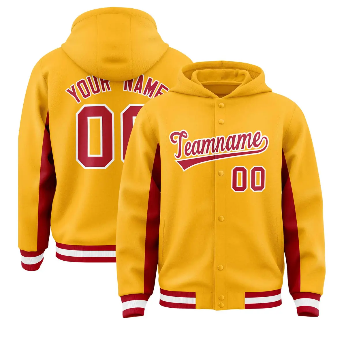 Gold Red Color Block Varsity Letterman Hoodie Jacket