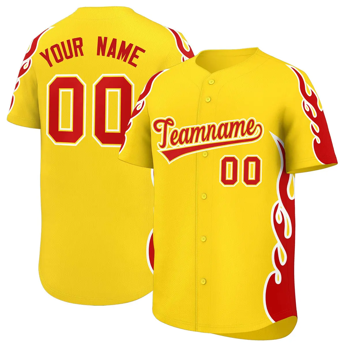 Gold Red Flame Outline Side Pattern Baseball Jersey