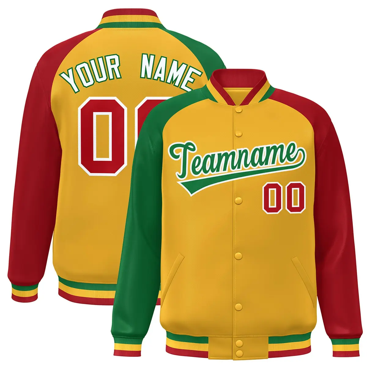Gold Red-Gold Varsity Raglan Sleeves Letterman Bomber Jacket