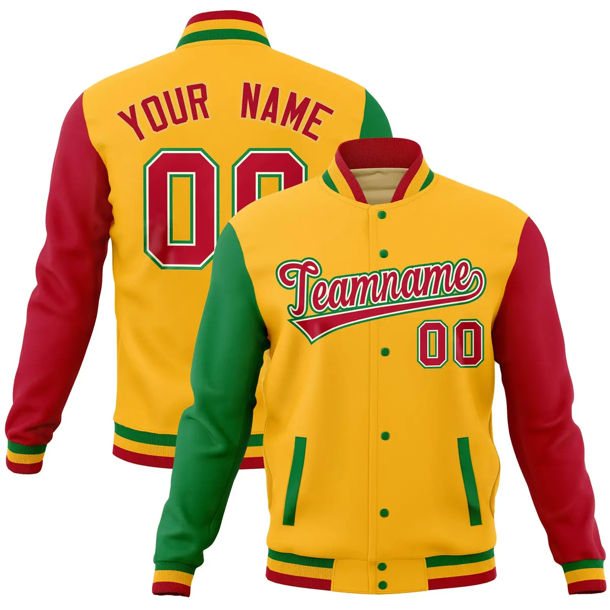 Gold Red-Kelly Green Raglan Full-Snap Varsity Letterman Jacket