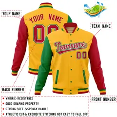 Gold Red-Kelly Green Raglan Full-Snap Varsity Letterman Jacket 4