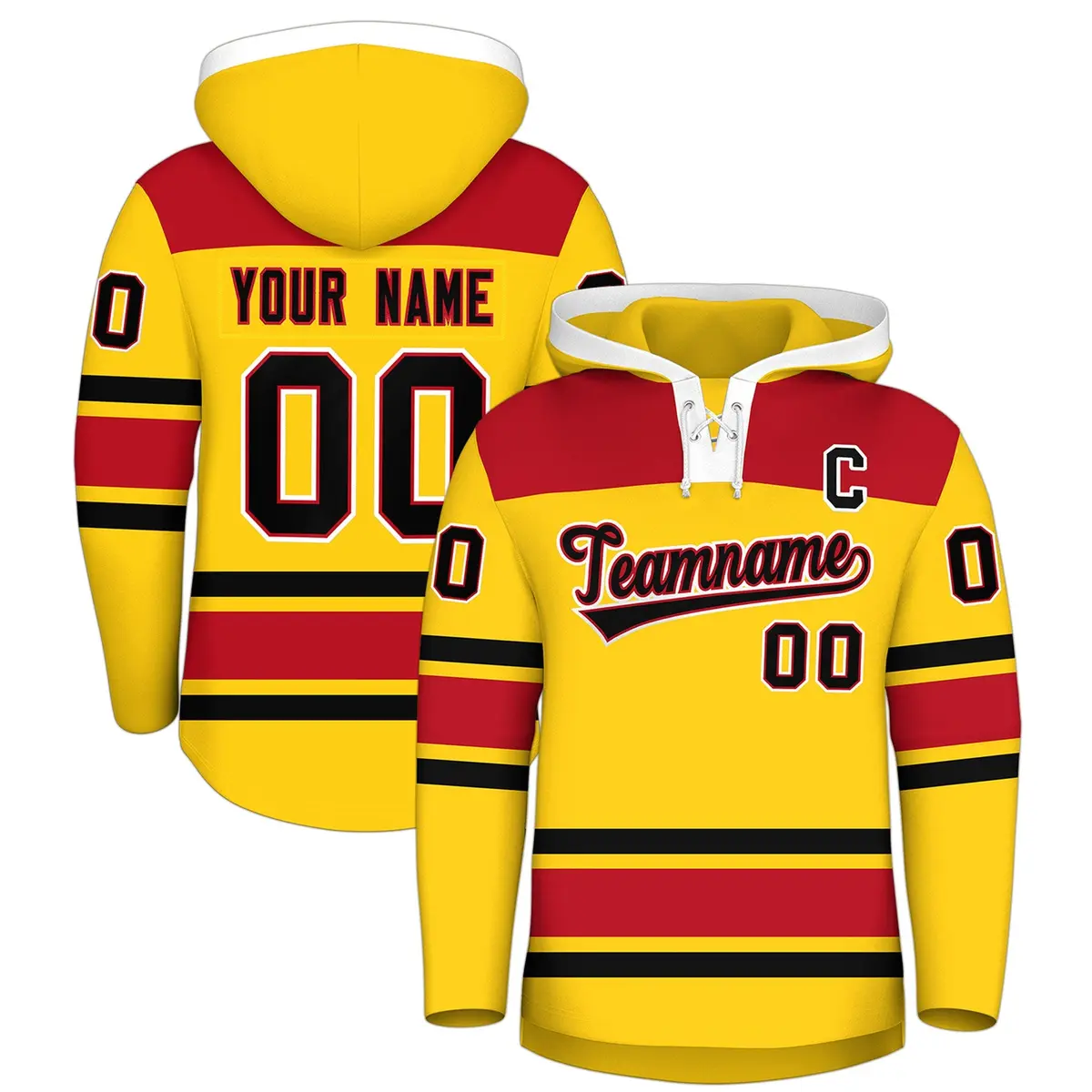 Gold Red Lace-Up Neck Raglan Hockey Hoodie Jersey