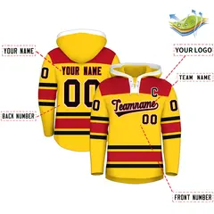 Gold Red Lace-Up Neck Raglan Hockey Hoodie Jersey 2