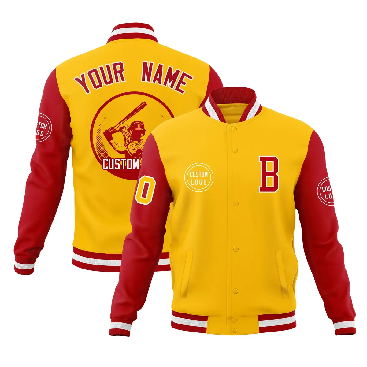 Gold Red Raglan Full-Snap Varsity Letterman Jacket