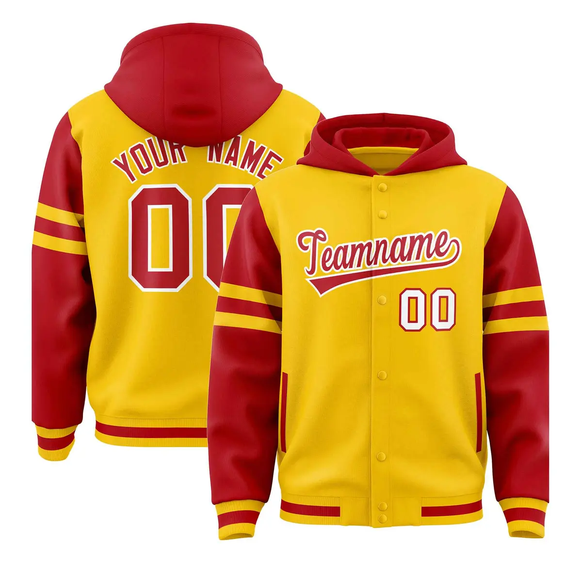 Gold Red Raglan Three Stripes Varsity Letterman Jacket Hoodie