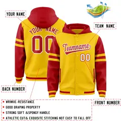 Gold Red Raglan Three Stripes Varsity Letterman Jacket Hoodie 4