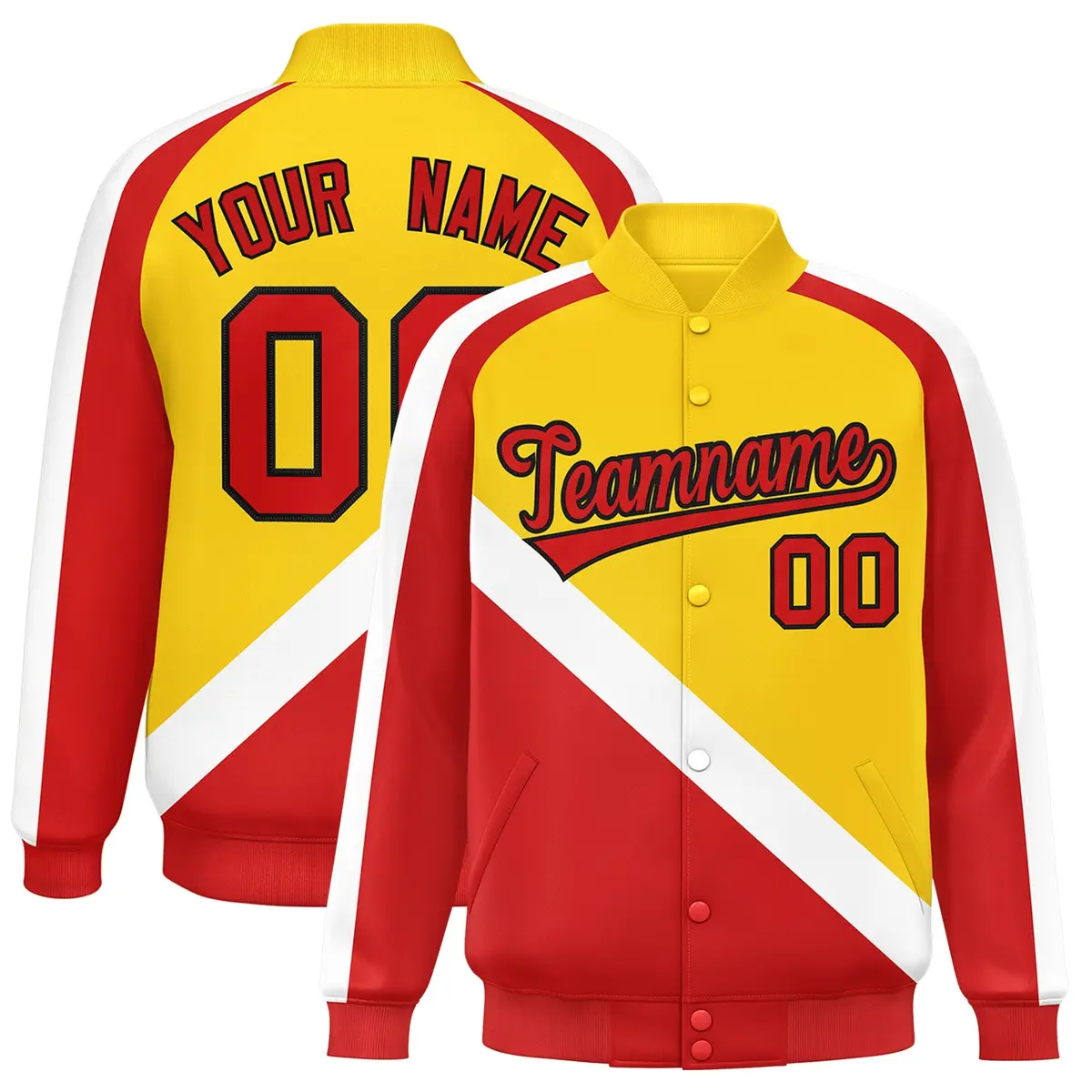 Gold Red Raglan Varsity Full-Snap Letterman Baseball Jacket