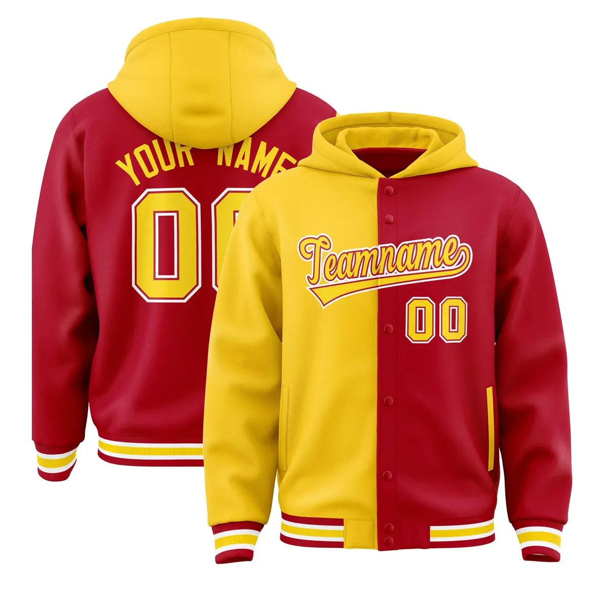 Gold Red Split Two Tone Varsity Full-Snap Letterman Jacket Hoodie