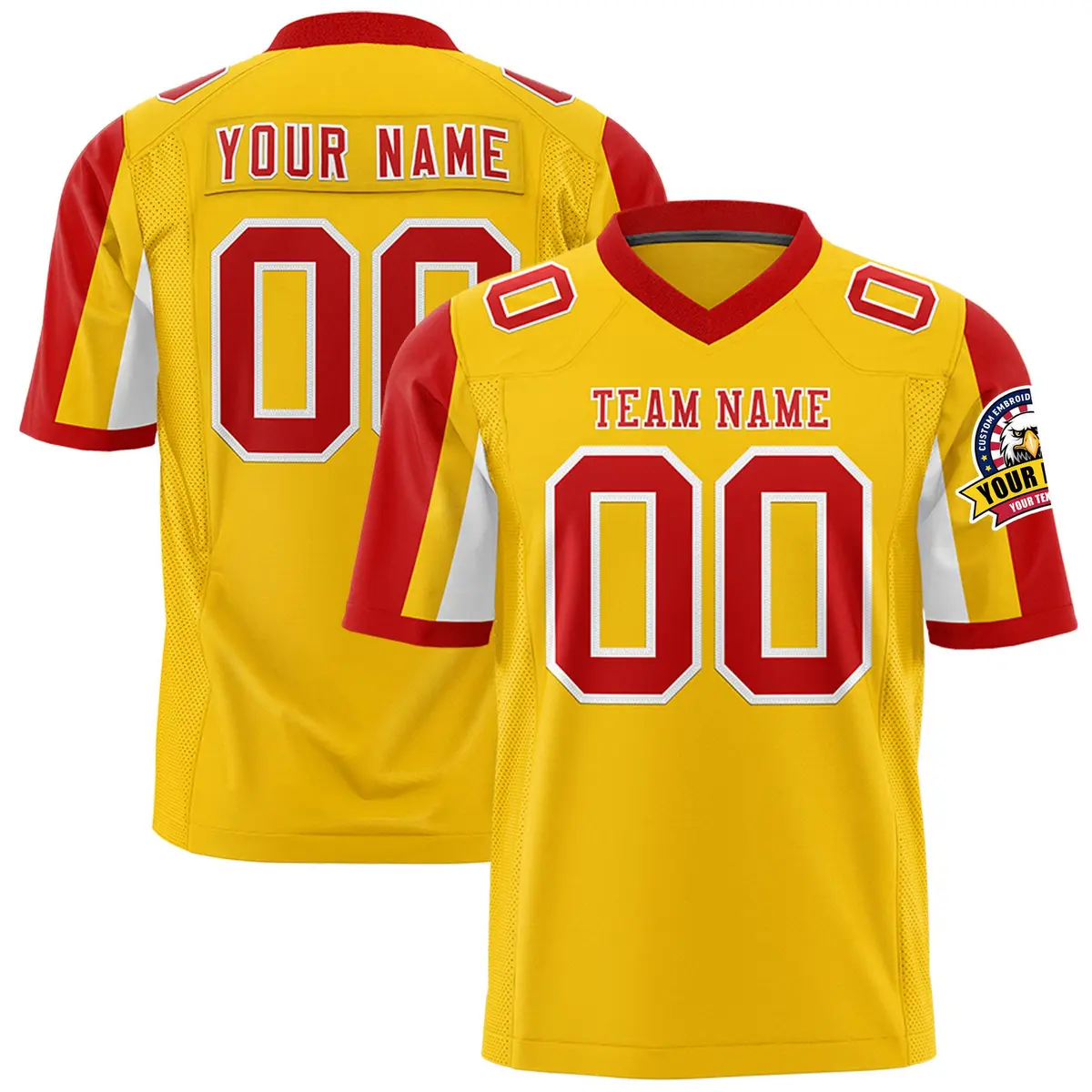 Gold Red-White Color Block Raglan Sleeves Football Jersey