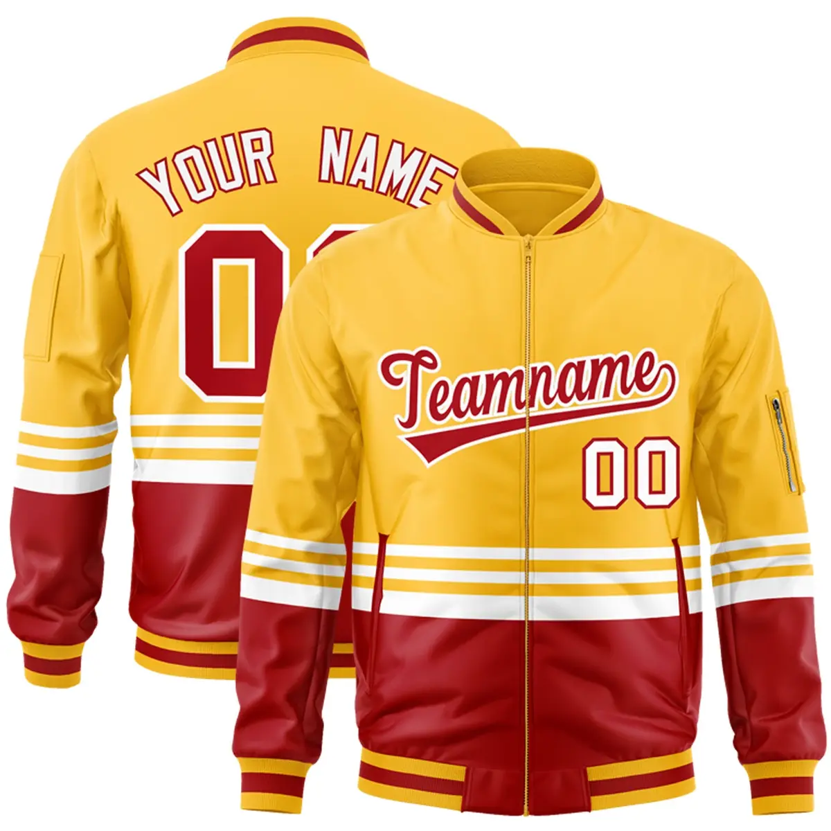 Gold Red-White Color Block Varsity Letterman Bomber Jacket