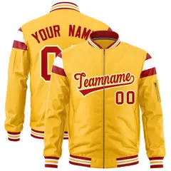 Gold Red White Full-Zip Shoulder Block Varsity Letterman Bomber Jacket