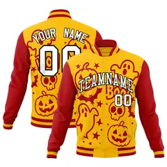 Gold Red White Halloween Bats Pumpkins Ghost Letterman Jacket
