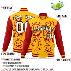 Gold Red White Halloween Bats Pumpkins Ghost Letterman Jacket 2