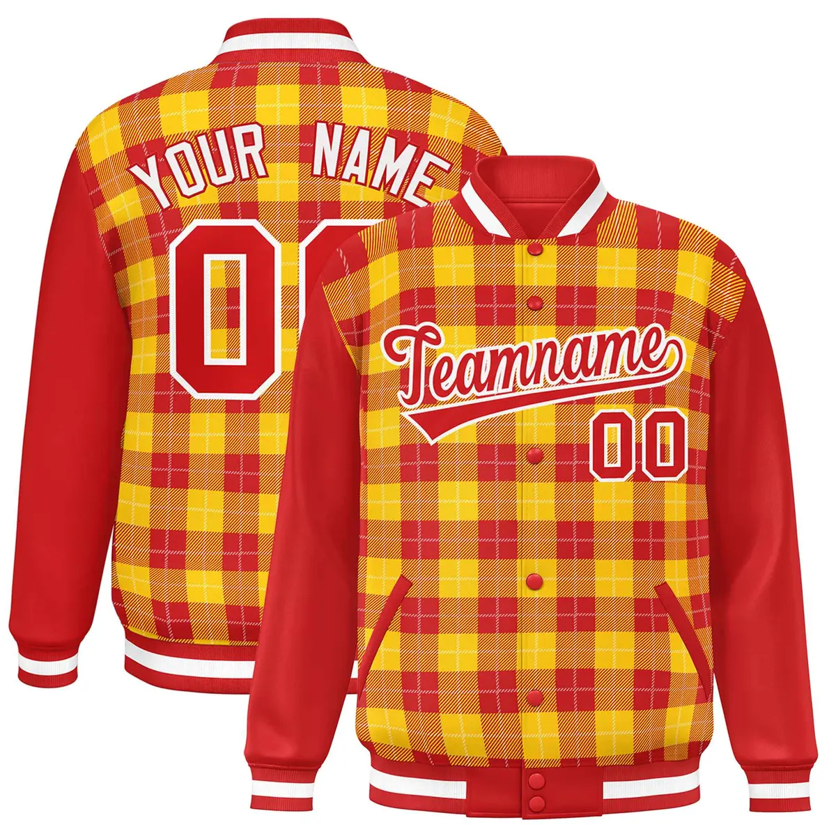 Gold Red-White Plaid Varsity Letterman Baseball Jacket