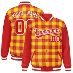 Gold Red-White Plaid Varsity Letterman Baseball Jacket 1