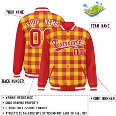 Gold Red-White Plaid Varsity Letterman Baseball Jacket 2