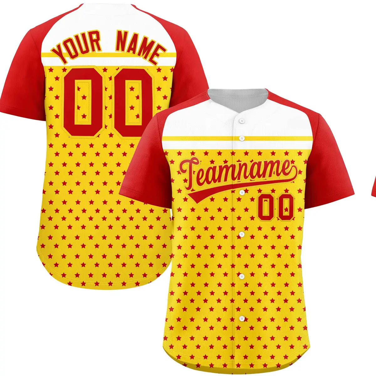 Gold Red White Raglan Star Print Baseball Jersey