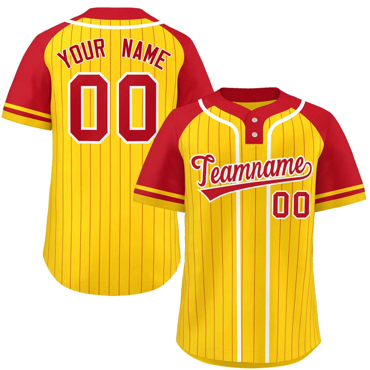Gold Red-White Stripe Raglan Two-Button Softball Jersey