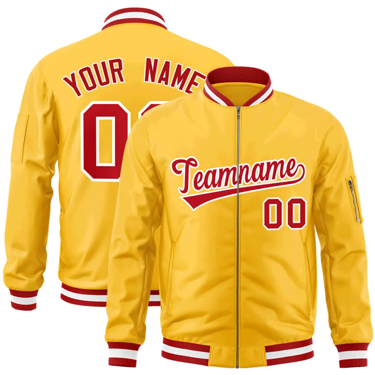 Gold Red-White Varsity Full-Zip Letterman Bomber Jacket