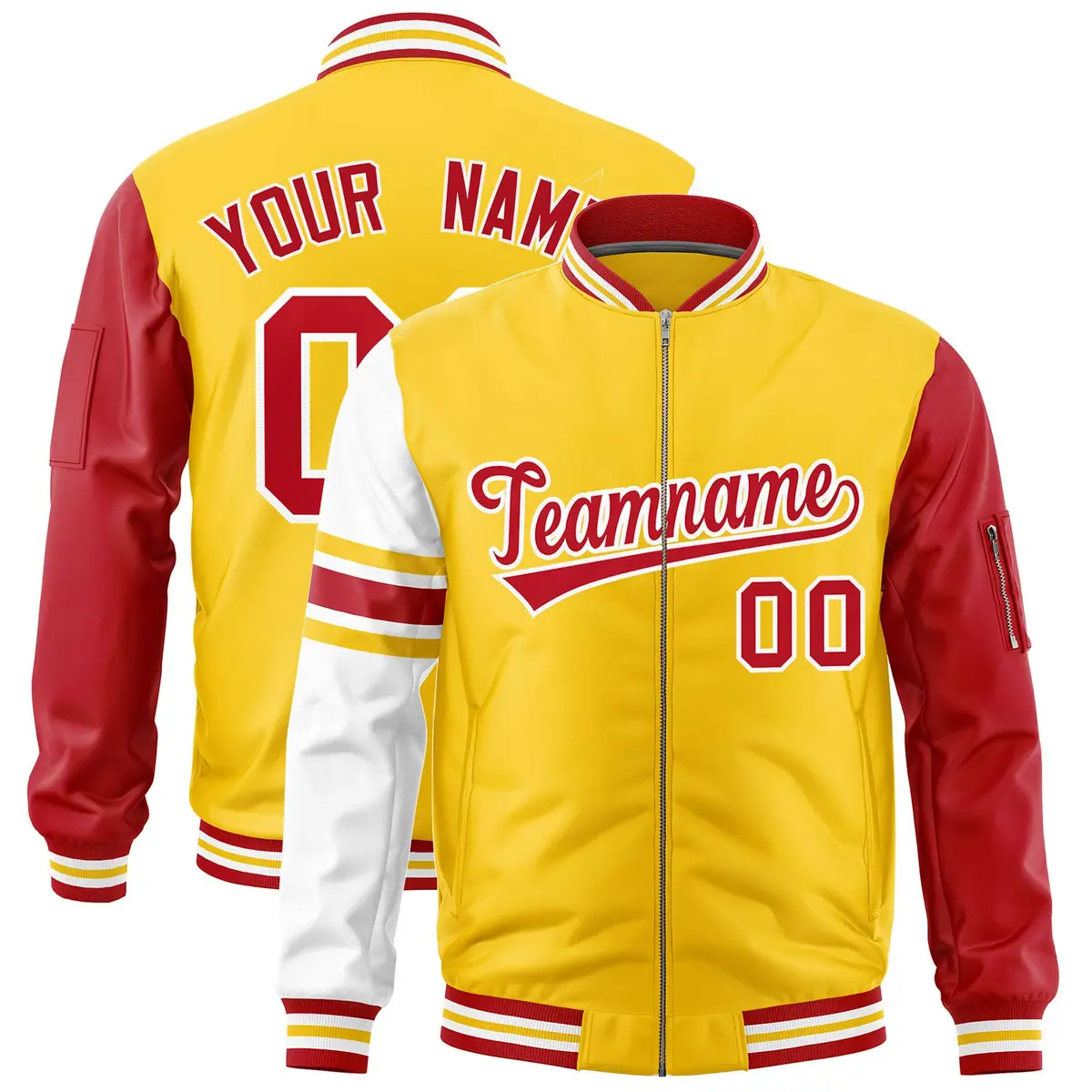 Gold Red-White Varsity Full-Zip Raglan Stripe Letterman Bomber Jacket