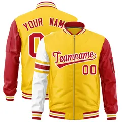 Gold Red-White Varsity Full-Zip Raglan Stripe Letterman Bomber Jacket 1